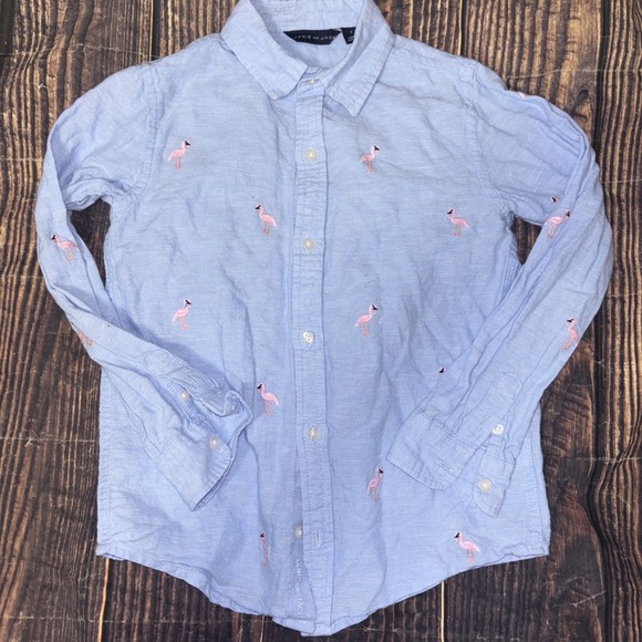 Janie and Jack Other - Janie and Jack Blue Linen Blend Button Down with Embroidered Flamingos Boys 7